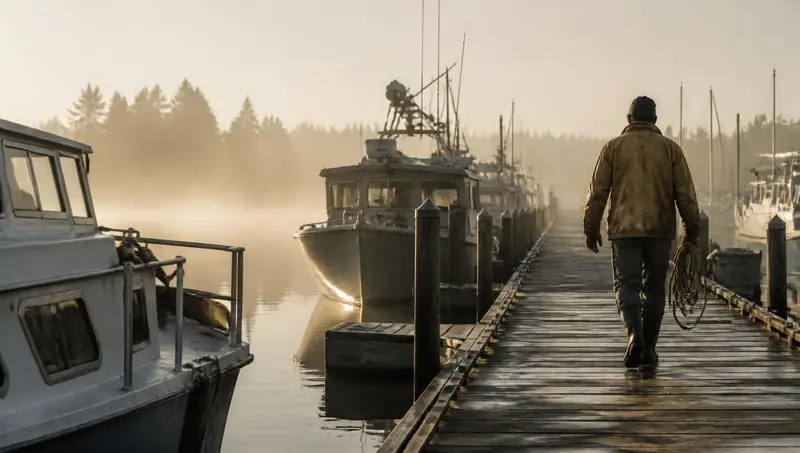 Dockhand walking a misty marina finger dock at first light, coil of line in hand