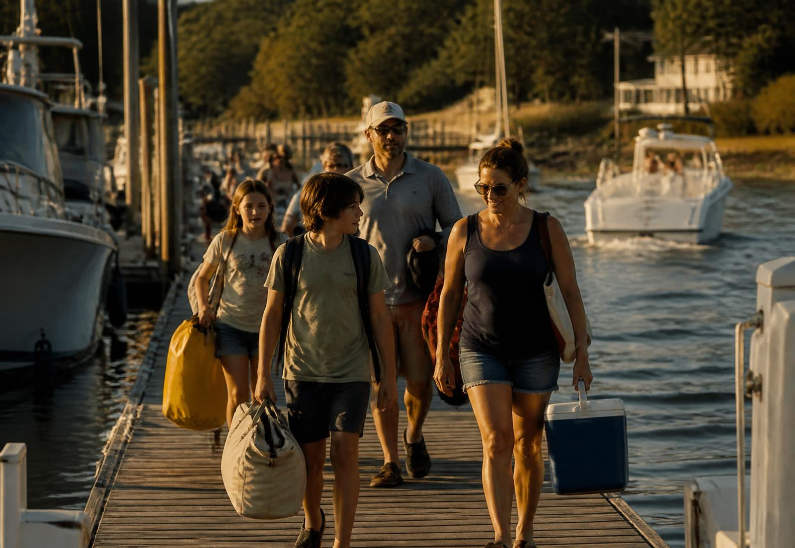 Boaters carrying gear down a marina dock in late afternoon during peak season
