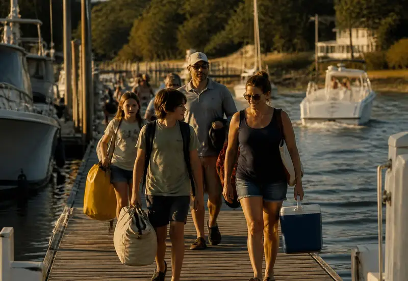 Boaters carrying gear down a marina dock in late afternoon during peak season