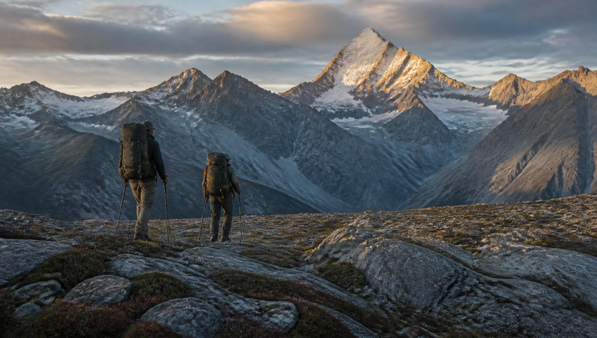 Two backpackers with large loaded packs standing on a high alpine bench of granite slabs, facing layered ridgelines and a snow-covered peak lit by late golden light
