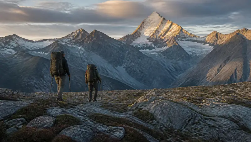Two backpackers with large loaded packs standing on a high alpine bench of granite slabs, facing layered ridgelines and a snow-covered peak lit by late golden light