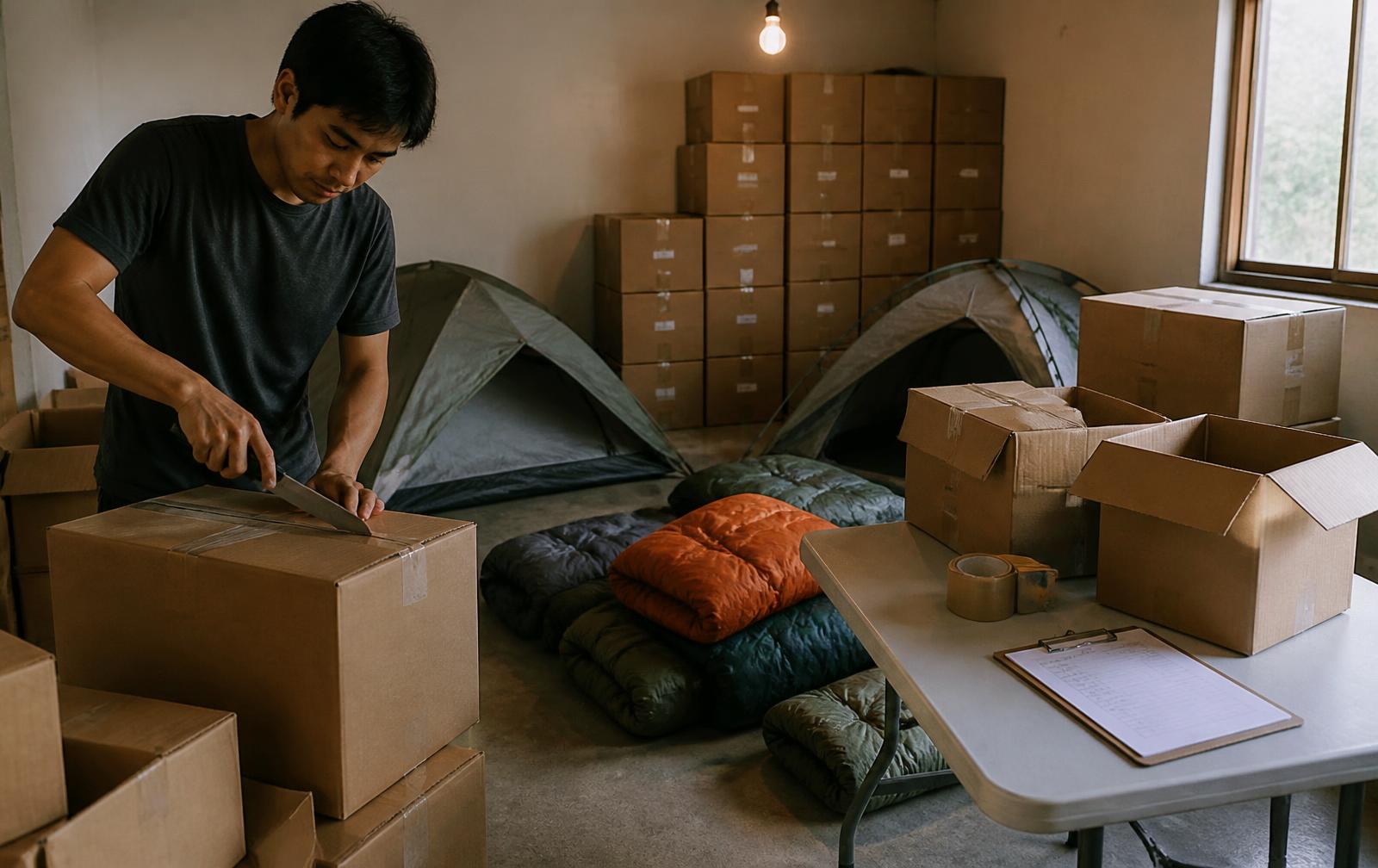 Shop employee opening cartons of new-season inventory in a back room stacked with boxes, tents and sleeping bags, beside a packing table with tape and a packing list for online orders