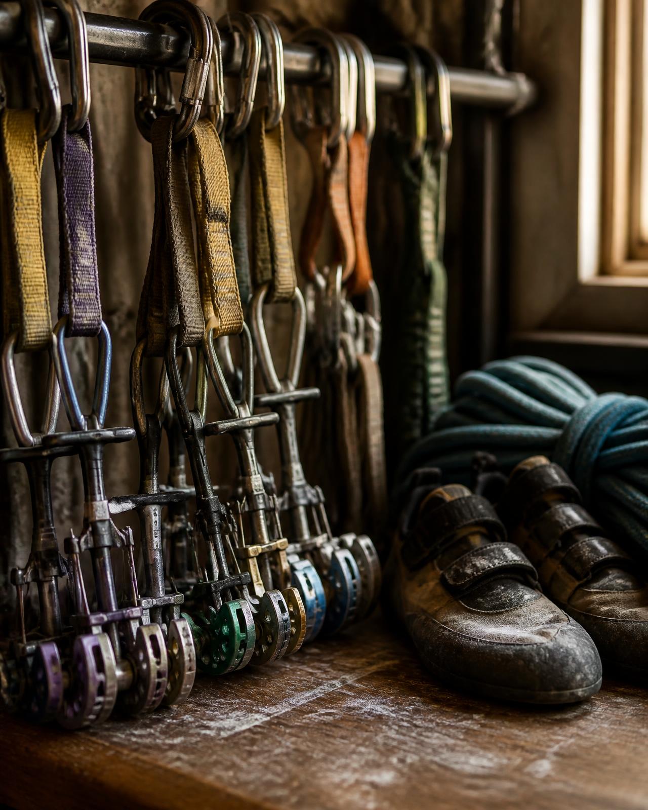 Close-up of climbing cams and quickdraws with worn slings hanging on a steel rail above a chalk-dusted wooden shop counter, with a coiled rope and used climbing shoes beside them