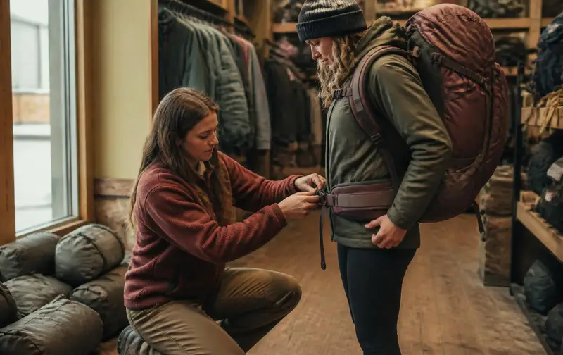 Shop employee kneeling to adjust the hip belt of a loaded backpacking pack worn by a customer, weighted sandbags on the floor and gear racks behind