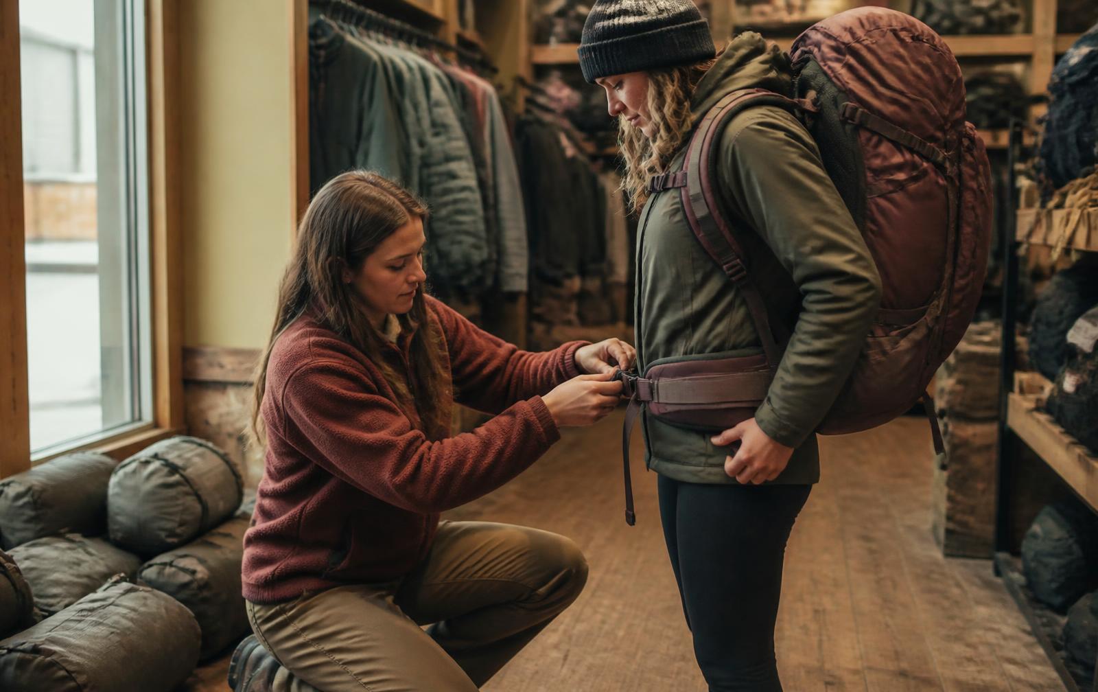 Shop employee kneeling to adjust the hip belt of a loaded backpacking pack worn by a customer, weighted sandbags on the floor and gear racks behind