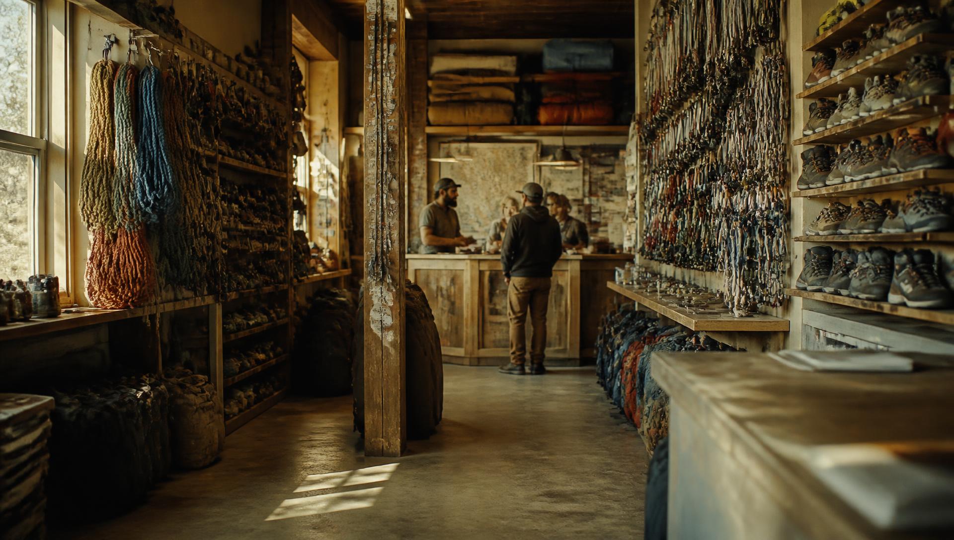 Interior of an independent climbing and mountaineering shop with walls of carabiners and slings, hanging ropes, a boot wall, stacked packs and staff talking with a customer at a worn wooden counter in warm afternoon light