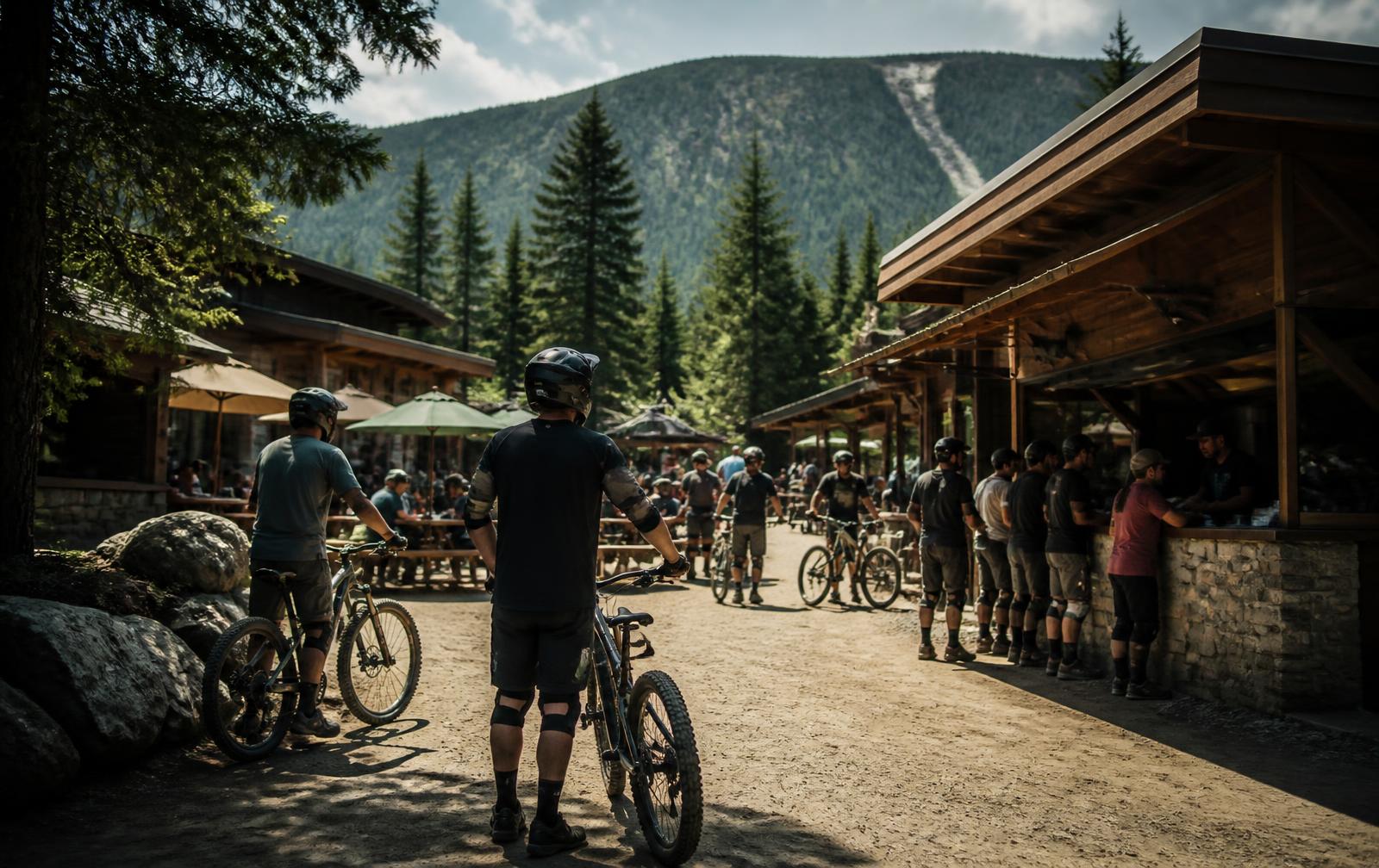 A busy mountain bike park base area in summer, riders in helmets and pads standing with bikes on a gravel plaza between timber buildings, a queue at an open-air counter and picnic tables under umbrellas, forested mountain ridge behind