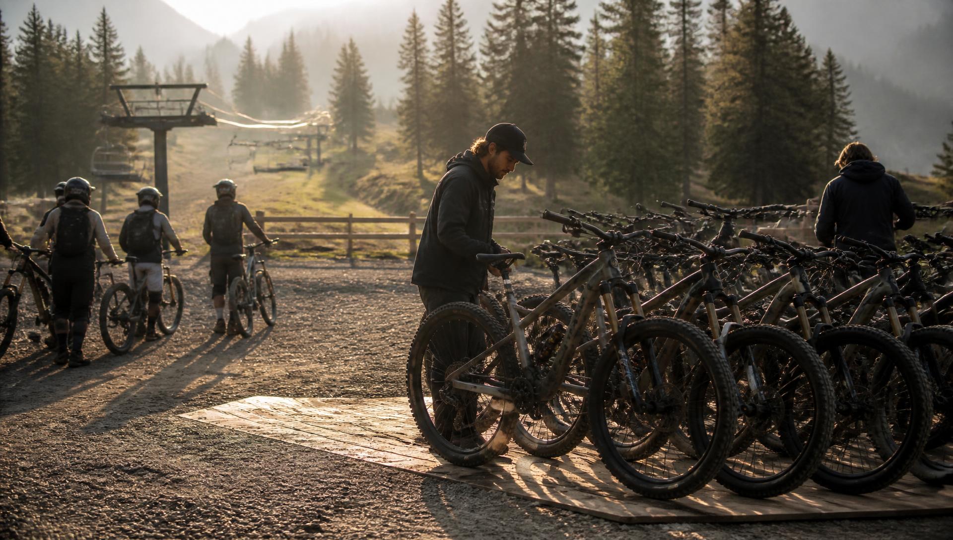 Early morning at a mountain bike park base area, a staff member rolling a full-suspension rental bike into a long line of bikes on gravel while riders in helmets and pads walk in past a chairlift and misted conifer forest
