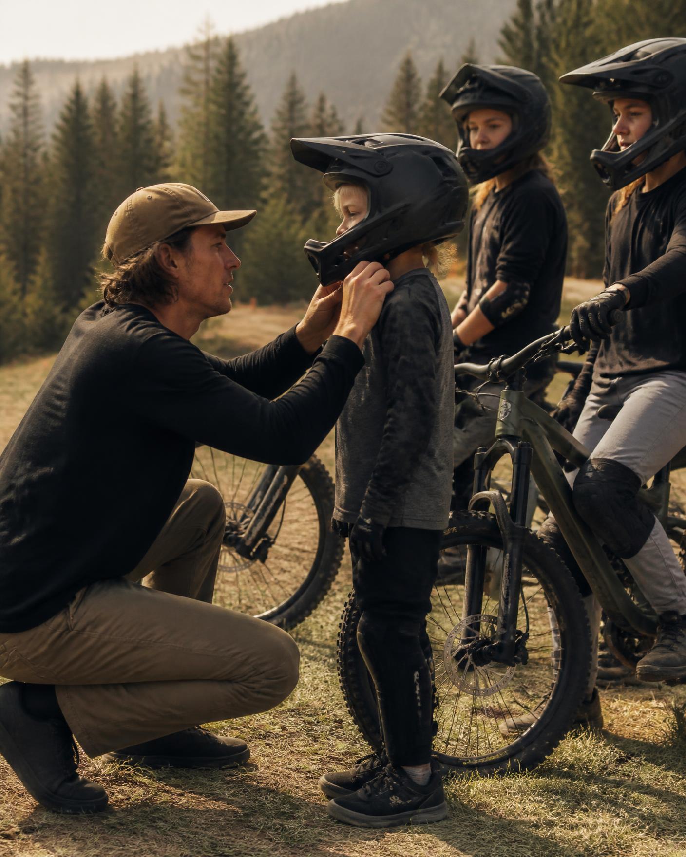 A mountain bike coach crouched at the edge of a grassy beginner area adjusting the chin strap of a young rider's full-face helmet, with two other young riders waiting beside their bikes in warm afternoon light