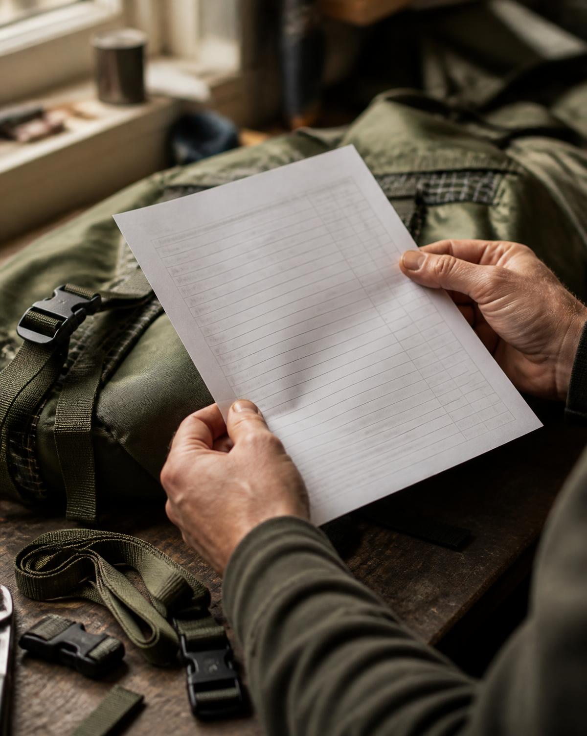 Hands holding a printed order sheet over a workbench with webbing, buckles and a partly assembled outdoor pack
