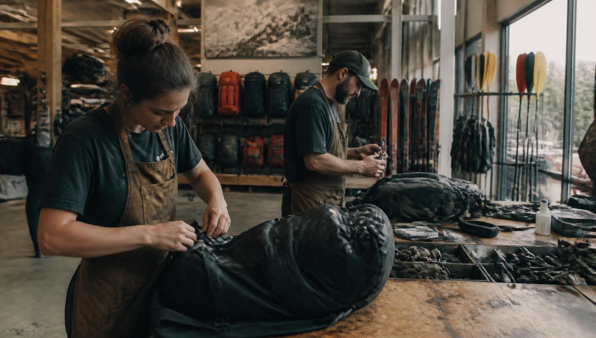 Two employees assembling packs and hardware at a workbench inside an outdoor equipment manufacturer's facility, with finished packs, skis and paddles on the racks behind them