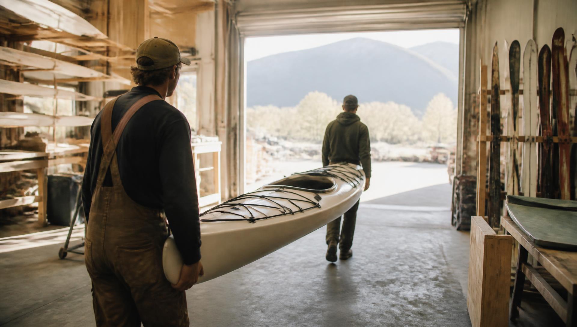 Two workers carrying a finished sea kayak toward an open factory door with mountains beyond, racks of skis alongside