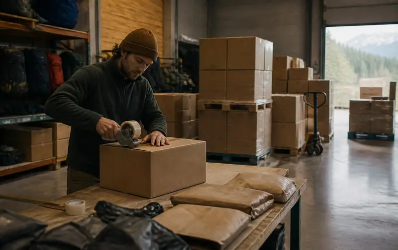 Warehouse employee taping and labelling a carton of outdoor equipment on a packing bench with pallets of boxes behind