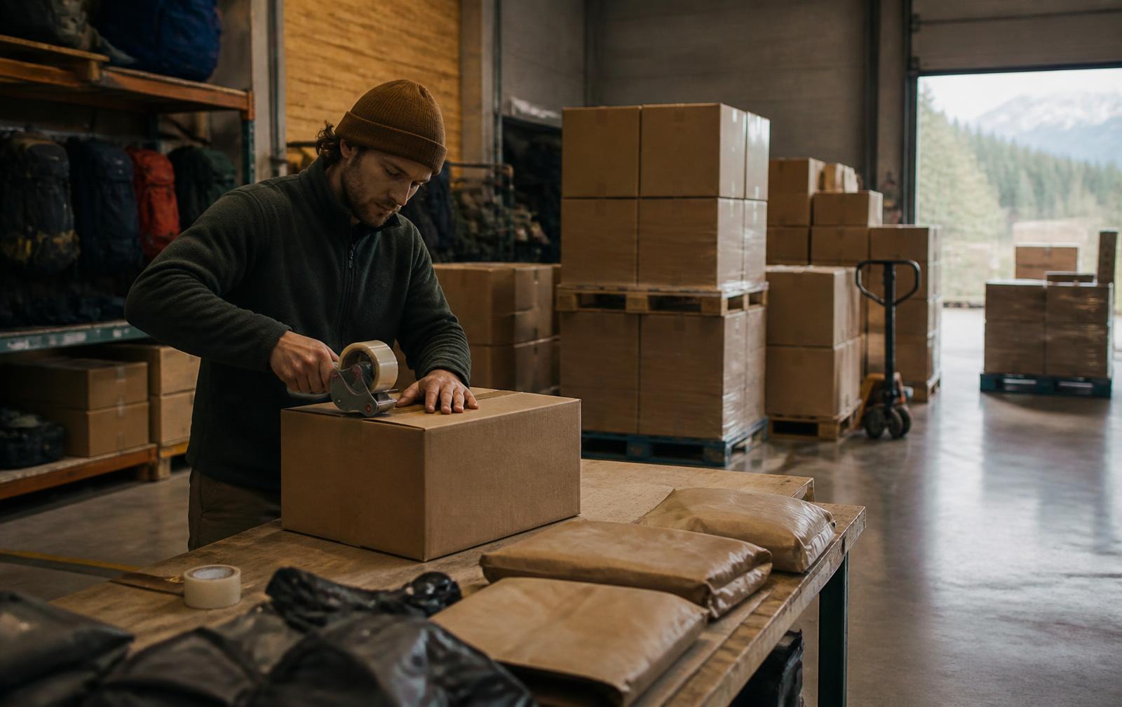 Warehouse employee taping and labelling a carton of outdoor equipment on a packing bench with pallets of boxes behind