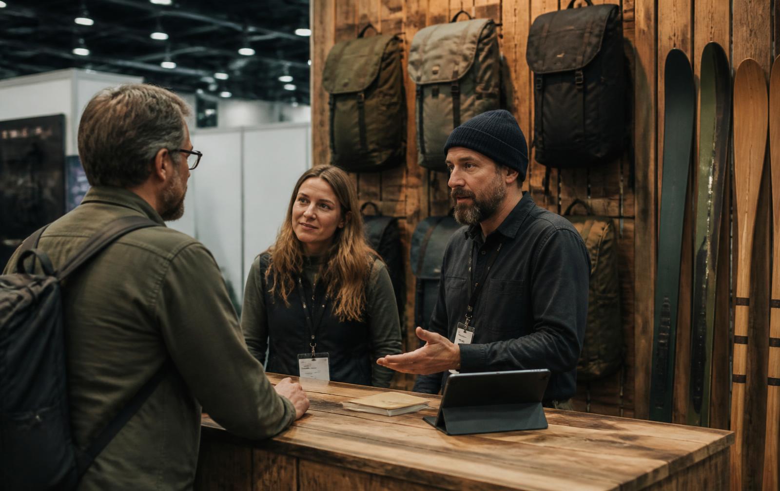 Two staff at an outdoor equipment company's trade show booth talking with a retail buyer across a wooden counter