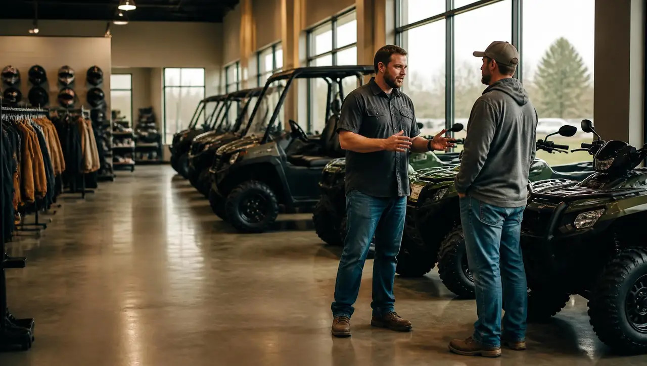 Salesperson talking with a customer beside a row of ATVs and side-by-side UTVs on a powersports dealership showroom floor
