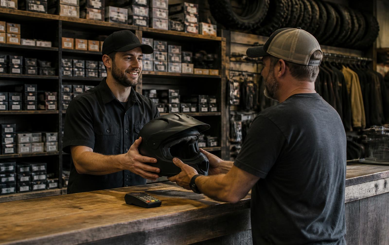 Parts counter employee handing a helmet to a customer across a wooden counter, with shelves of boxed parts and tires behind
