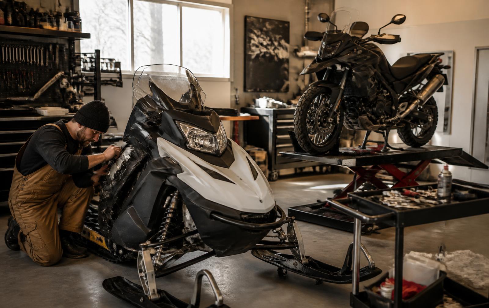 Technician kneeling to service a snowmobile in a dealership service bay with a motorcycle on a lift behind