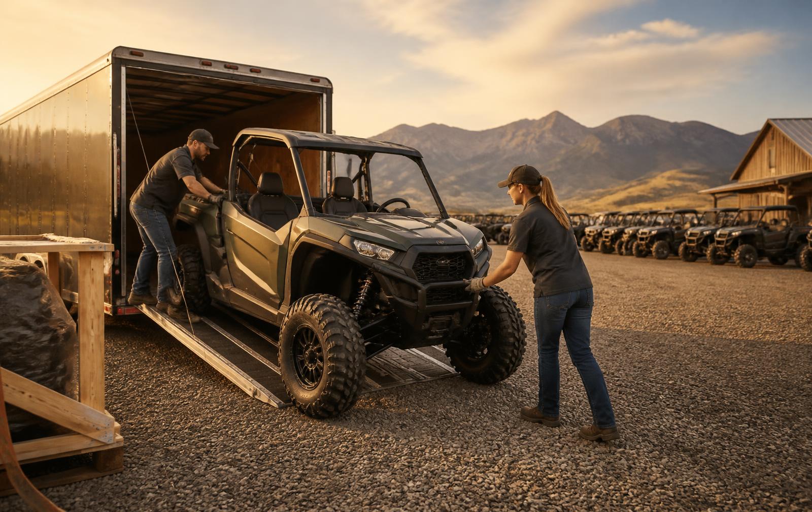 Two dealership employees unloading a new side-by-side UTV from a delivery trailer in a gravel dealership yard at golden hour