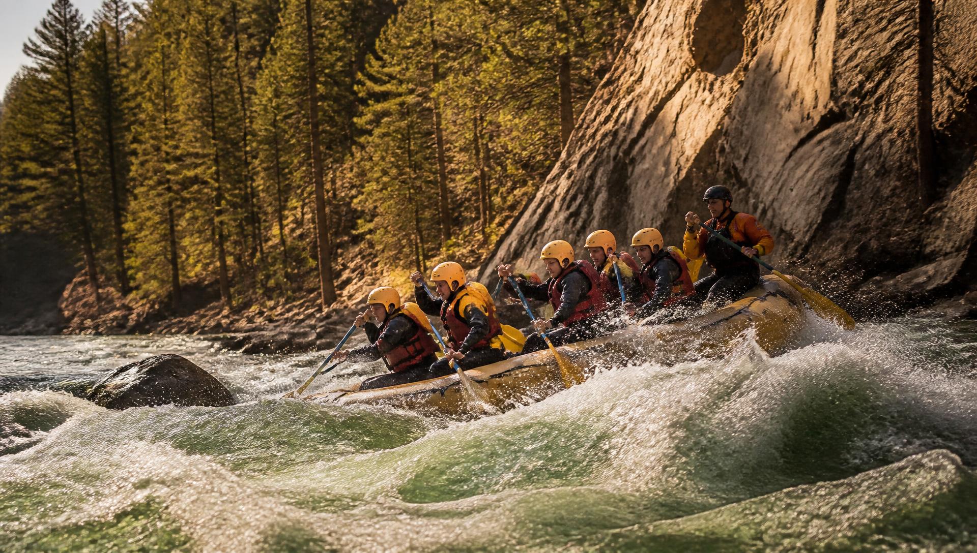 A guided paddle raft with six guests and a guide, all in helmets and PFDs, driving through a whitewater wave train below a sunlit canyon wall