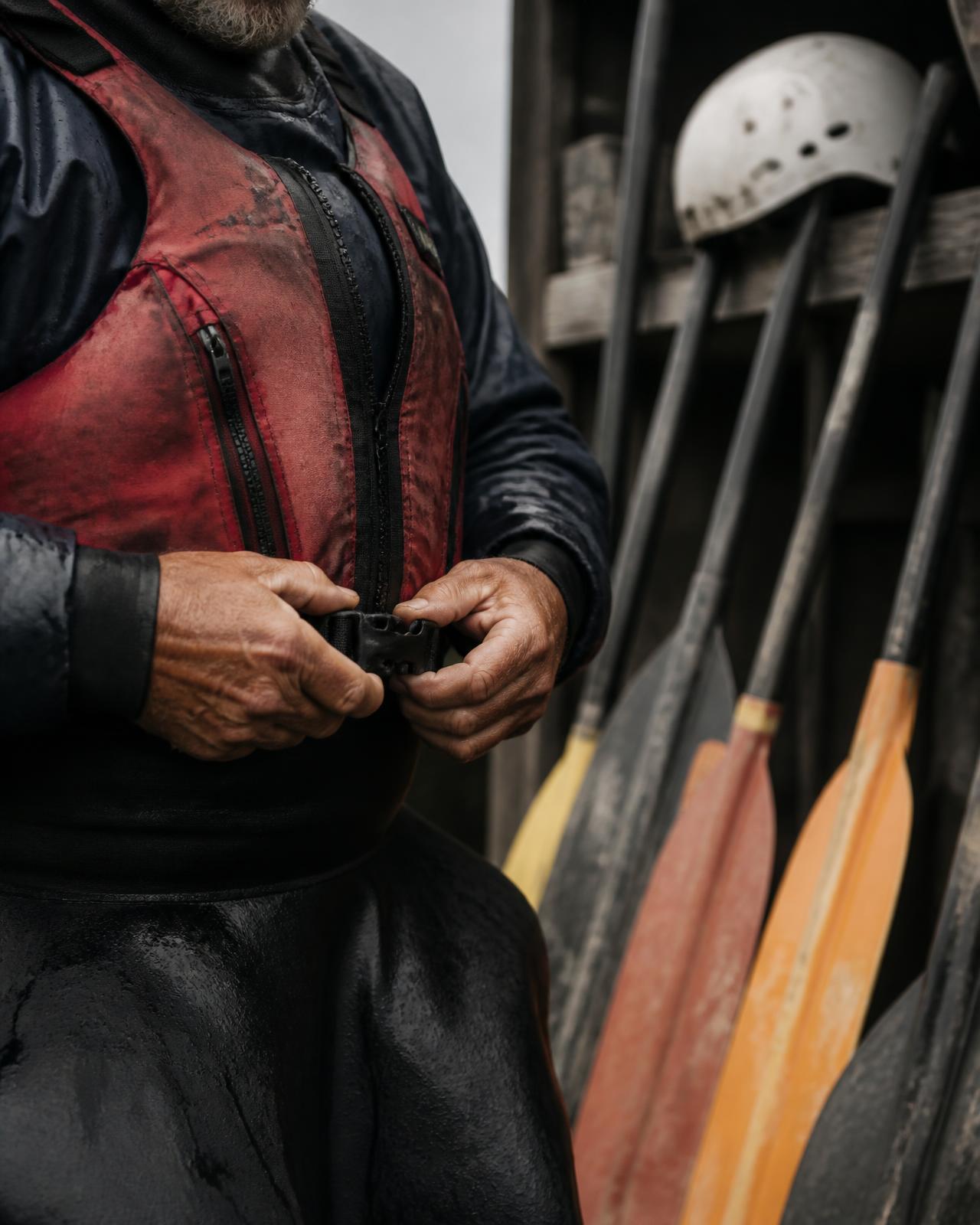 Close-up of a guide's hands clipping the buckle of a worn red PFD, with scuffed paddles and a helmet on a wooden rack behind