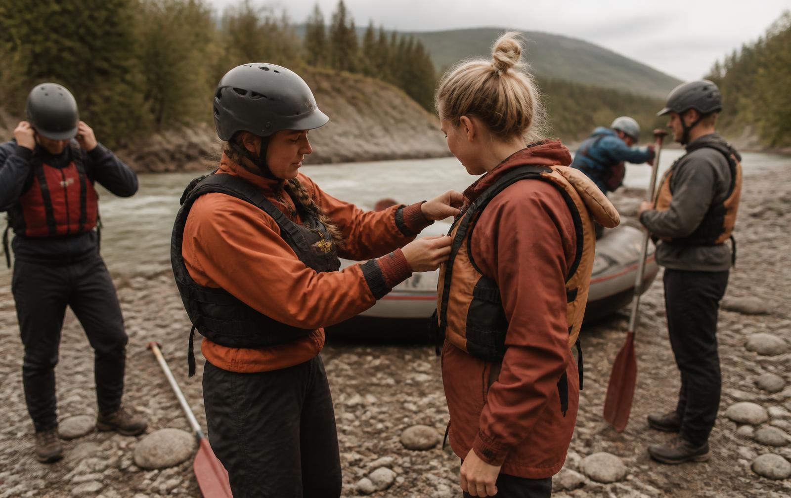 A river guide in a helmet and PFD adjusting the straps of a guest's life jacket on a gravel riverbank while other guests put on helmets beside a raft