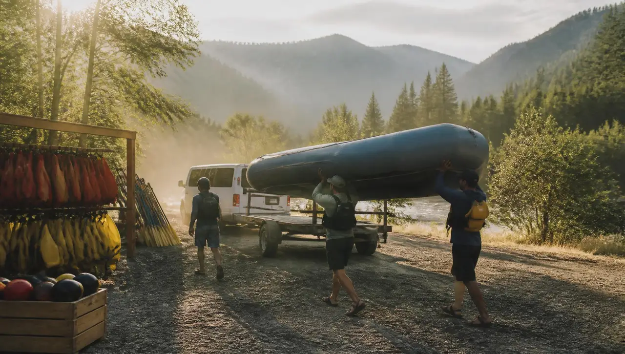 Three river guides carrying an inflatable raft off a trailer at an outfitter base in early morning light, racks of PFDs and bundled paddles beside a shuttle van, forested mountains and a river behind