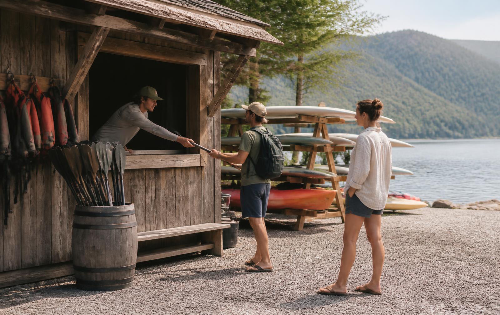 A staff member leaning out of a timber rental hut window handing a paddle to a walk-up customer, with paddleboards and kayaks on wooden racks and a lake behind