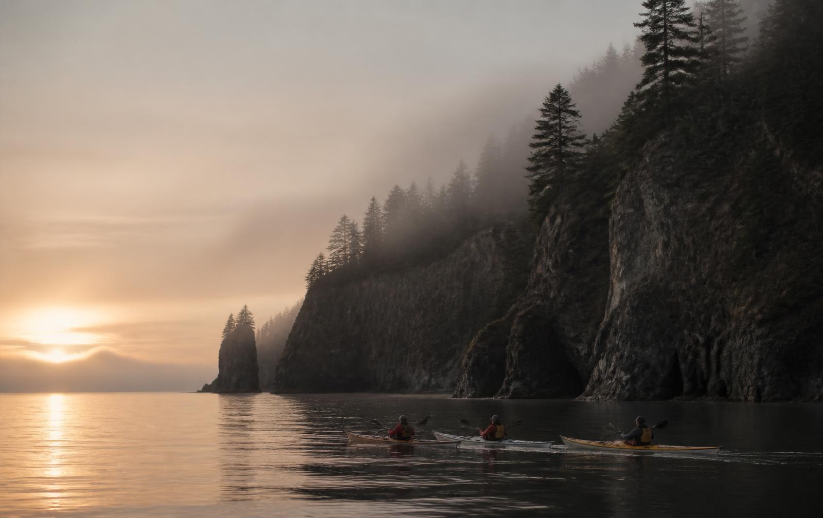 Three sea kayakers paddling across glassy water at sunrise beneath tall misty coastal cliffs