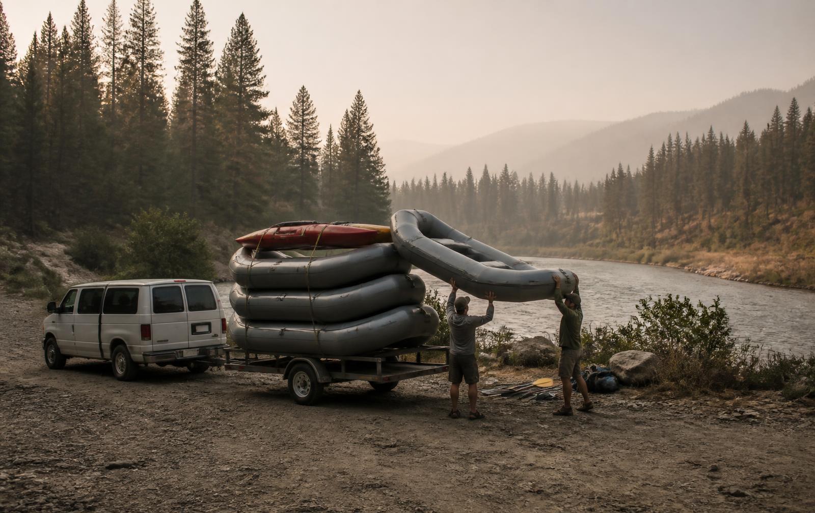 A shuttle van and trailer stacked with inflatable rafts and kayaks at a dusty river access, two guides lifting a raft off the stack