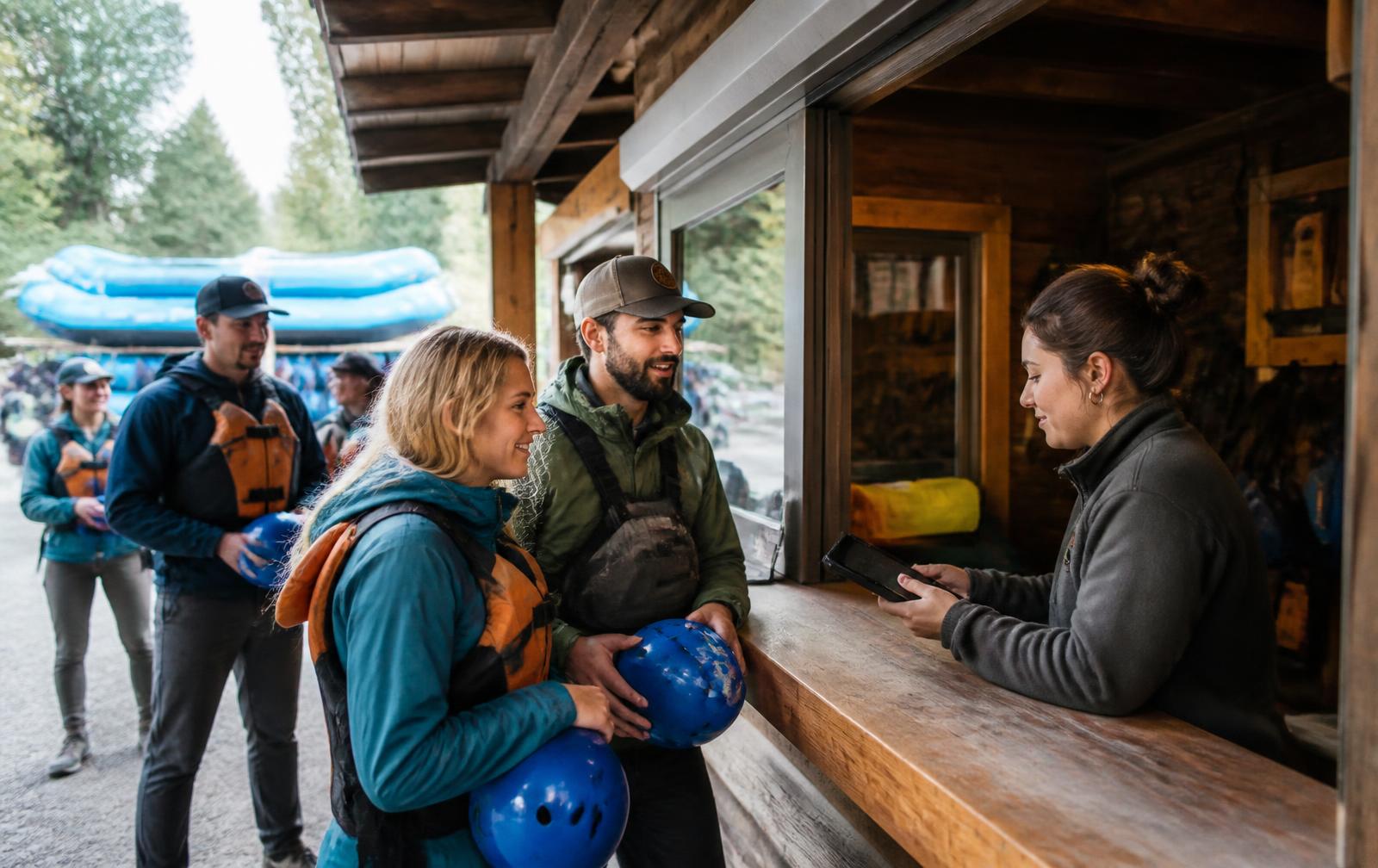 Guests holding helmets and life jackets checking in with staff at a rafting outfitter's wooden check-in window