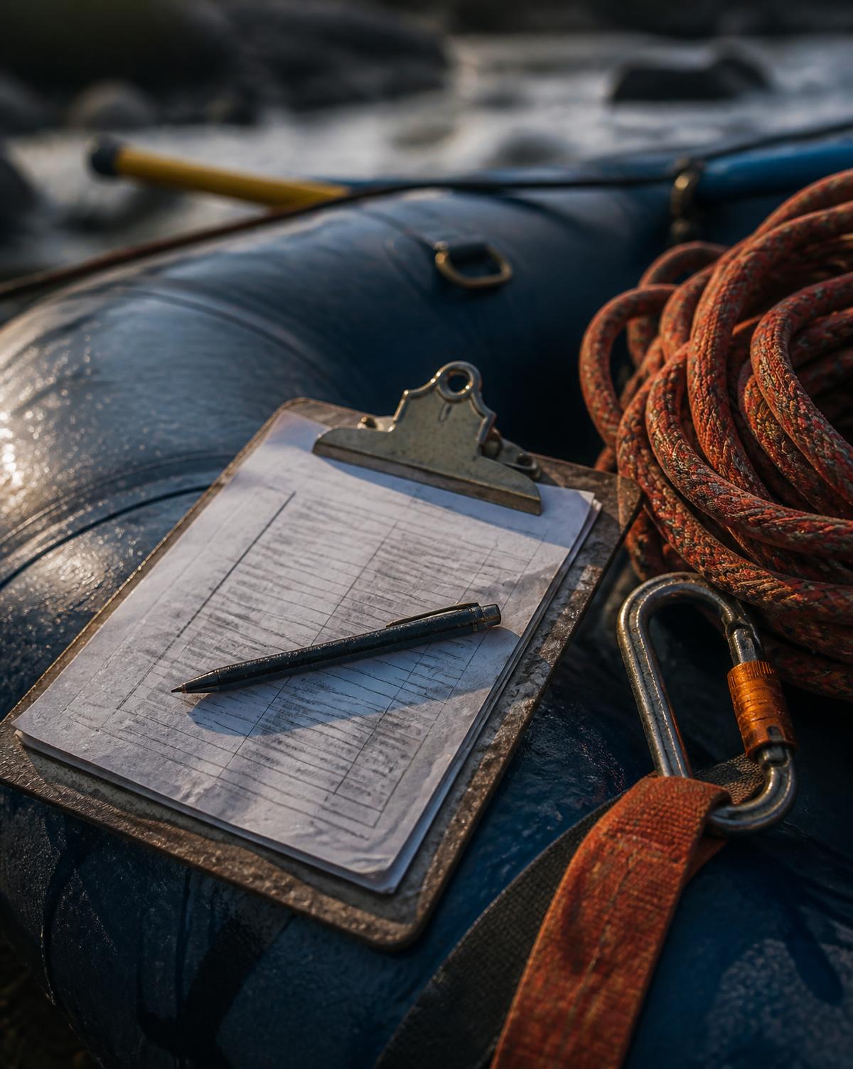 Trip manifest on a weathered clipboard resting on a raft tube beside a coiled throw rope and carabiner