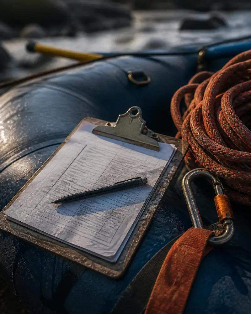 Trip manifest on a weathered clipboard resting on a raft tube beside a coiled throw rope and carabiner