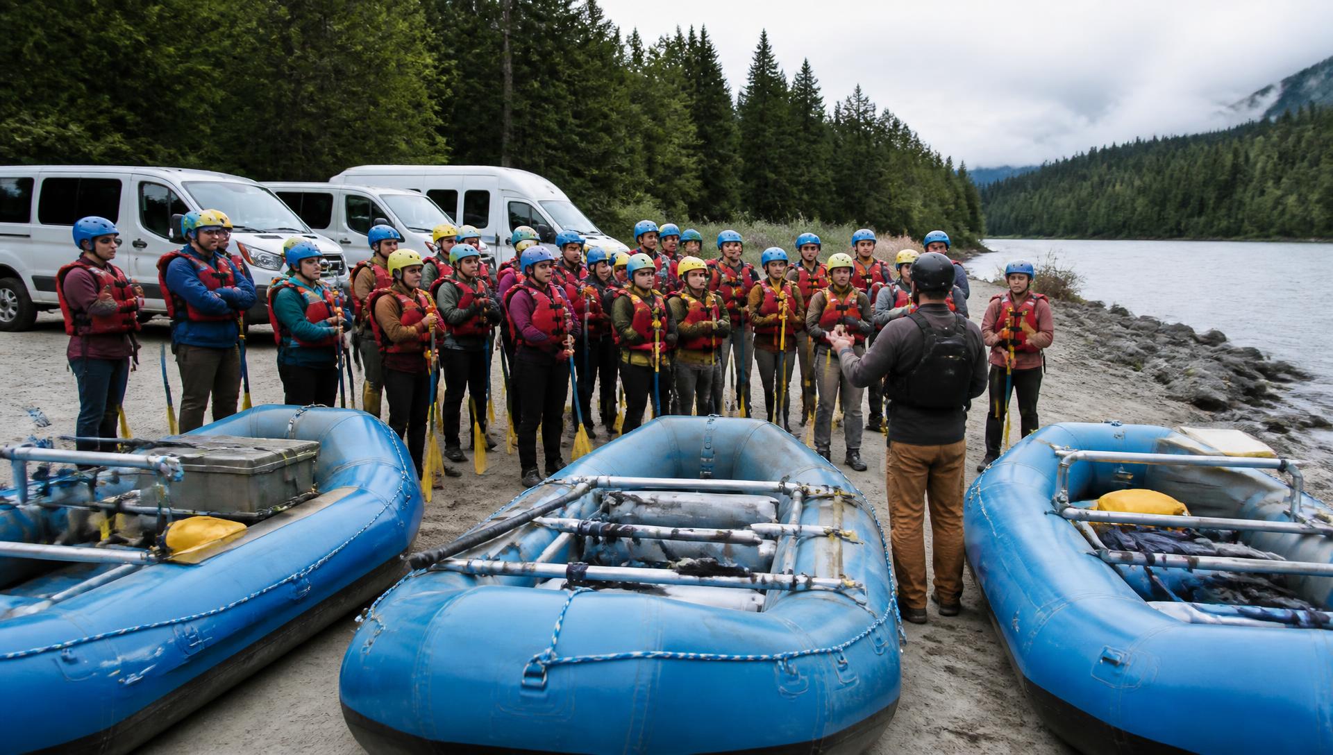 A large group of guests in helmets and life jackets receiving a safety briefing from a rafting guide beside three rafts at a river put-in, shuttle vans parked behind