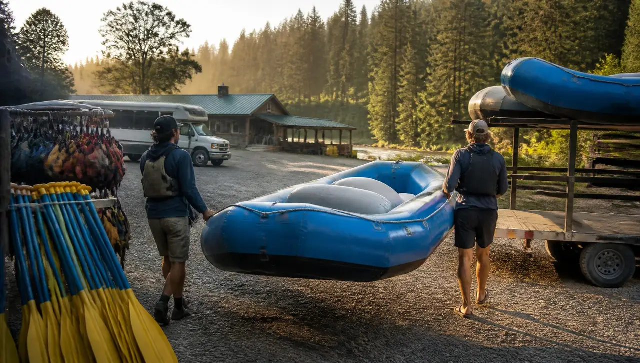 Two river guides carrying an inflatable raft to a trailer at a commercial rafting outfitter base in early morning light, racks of life jackets and paddles beside a shuttle bus
