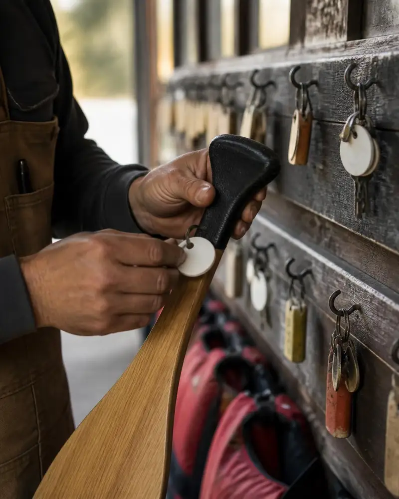 Close-up of hands tagging a returned paddle at a wooden return board hung with keys and gear tags