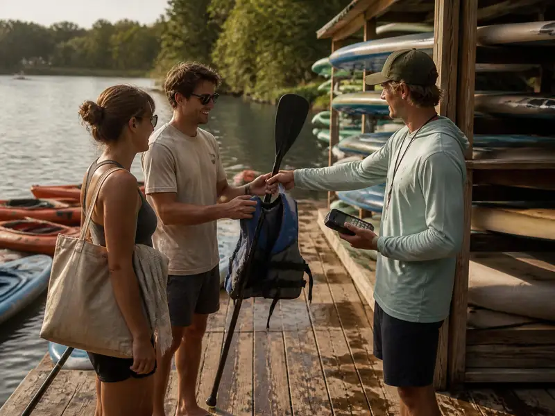 Rental staff member on a lakeside dock handing a paddle and life vest to two customers while holding a handheld card terminal, paddleboards racked behind