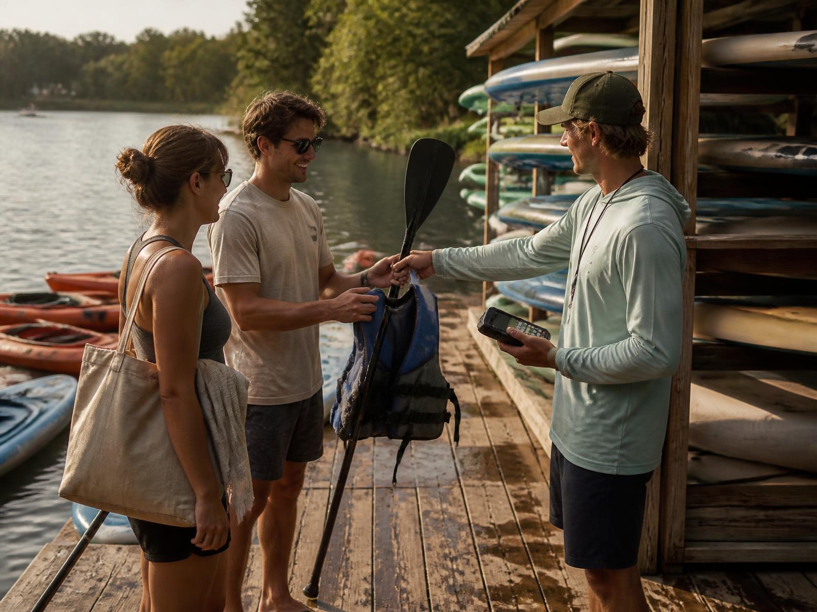 Rental staff member on a lakeside dock handing a paddle and life vest to two customers while holding a handheld card terminal, paddleboards racked behind