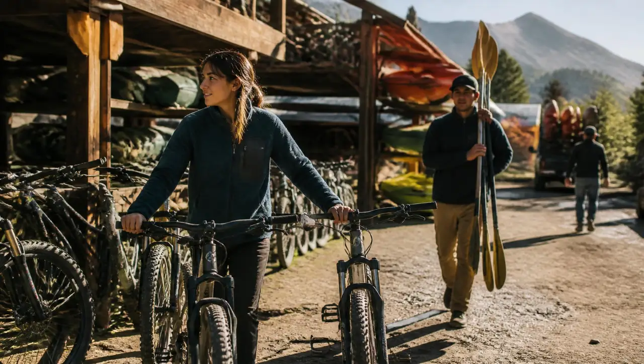 Rental staff wheeling mountain bikes out of a wooden gear barn while a colleague carries paddles past racked kayaks at the start of the day