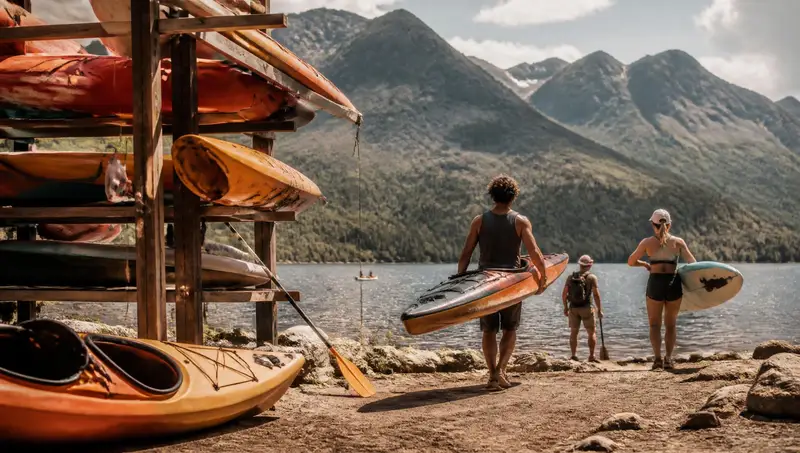 Guests carrying kayaks from a lakeshore rack toward the water past rows of racked boats and paddles