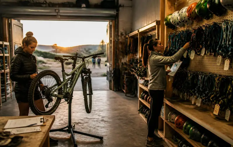Two rental staff checking equipment back in at the end of the day, one inspecting a mountain bike on a stand and one tagging harnesses and helmets on a rack