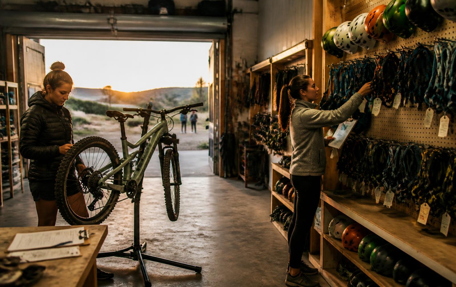 Two rental staff checking equipment back in at the end of the day, one inspecting a mountain bike on a stand and one tagging harnesses and helmets on a rack