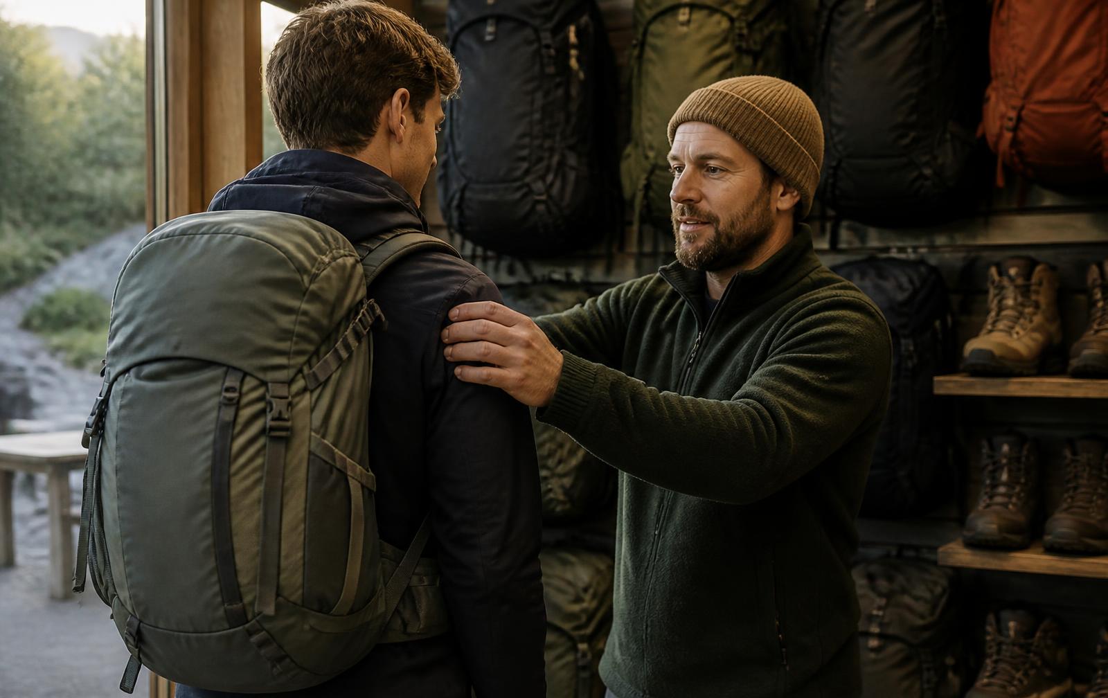 Outdoor store employee fitting a technical backpack on a customer beside a wall of packs and hiking boots