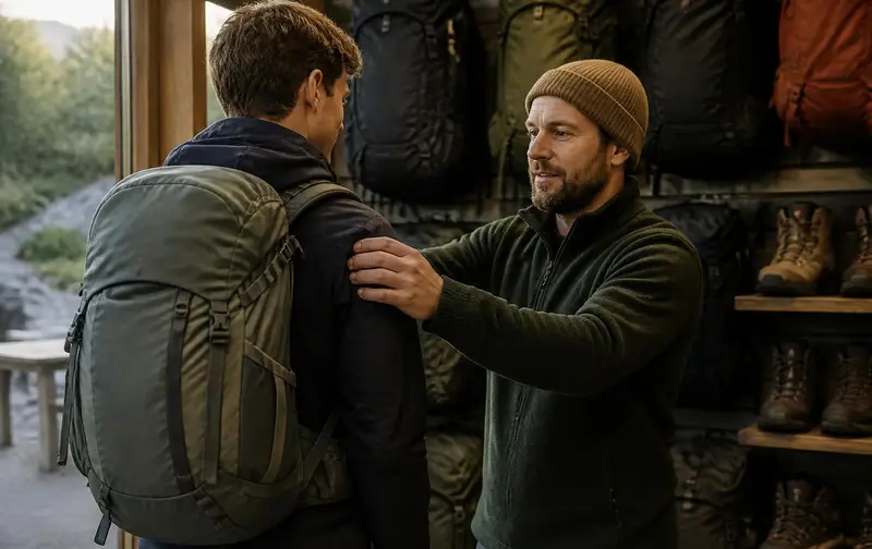 Outdoor store employee fitting a technical backpack on a customer beside a wall of packs and hiking boots