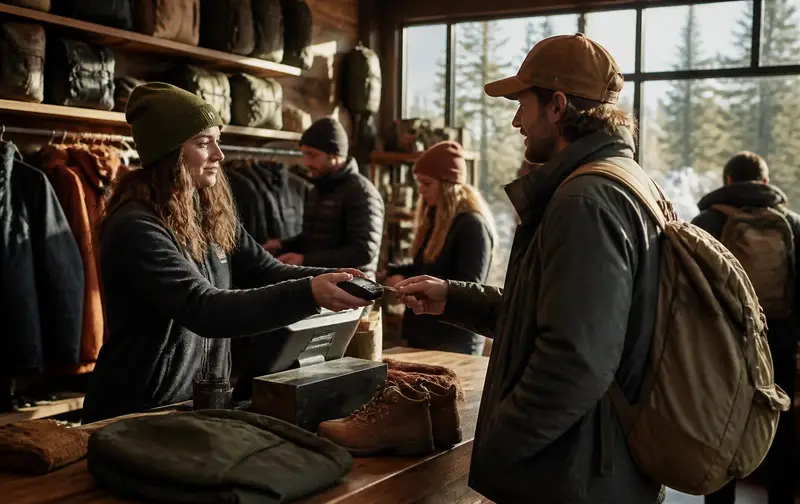 Store employee handing a card terminal across a wooden counter to a customer buying boots and a jacket in an outdoor specialty shop