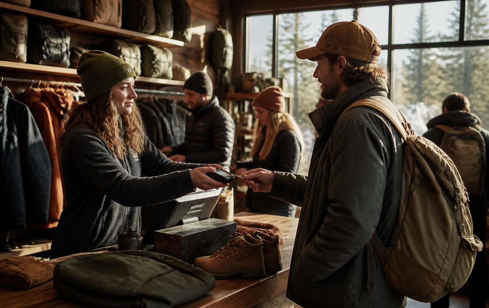 Store employee handing a card terminal across a wooden counter to a customer buying boots and a jacket in an outdoor specialty shop