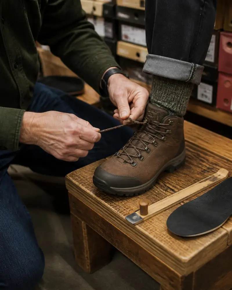 Close-up of hands lacing a hiking boot on a fitting bench, boot boxes stacked behind
