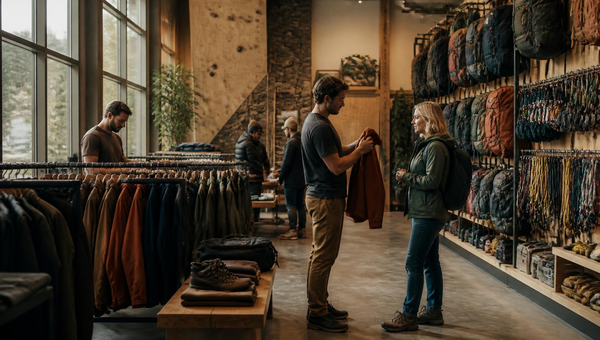 Interior of a large outdoor specialty store with racks of technical apparel, a wall of backpacks and staff helping customers in daylight