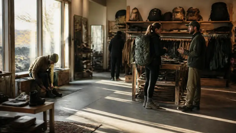 Independent outdoor store interior with staff advising a shopper beside racks of technical apparel and a wall of packs