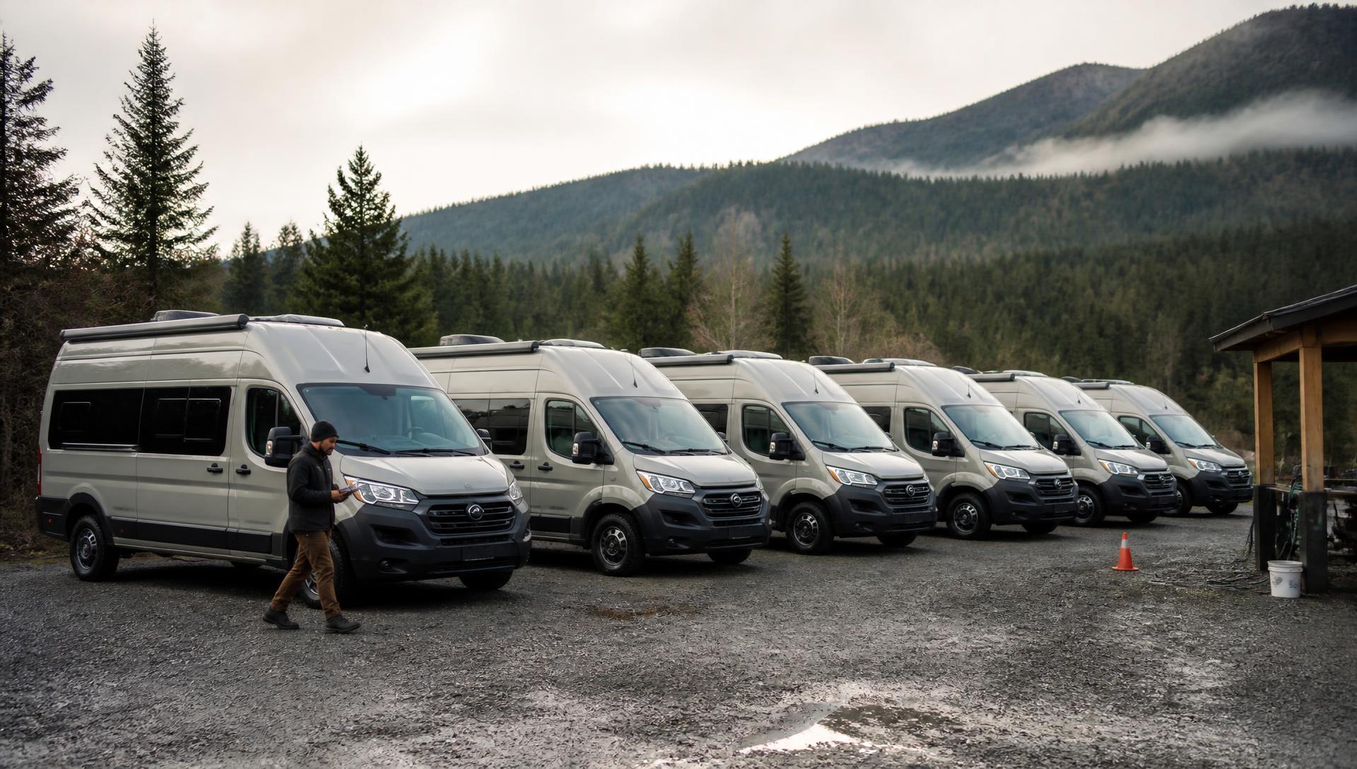 A neat row of seven clean campervans parked at even angles on a gravel lot at a mountain rental base, a single staff member walking the line with a tablet, forested ridge and low cloud behind